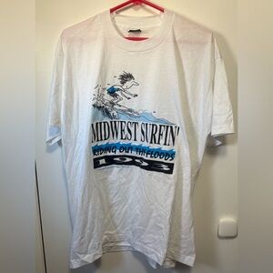 Very Rare Vtg 1993 Midwest Surfin Riding Out The Floods White T Shirt Sz XL